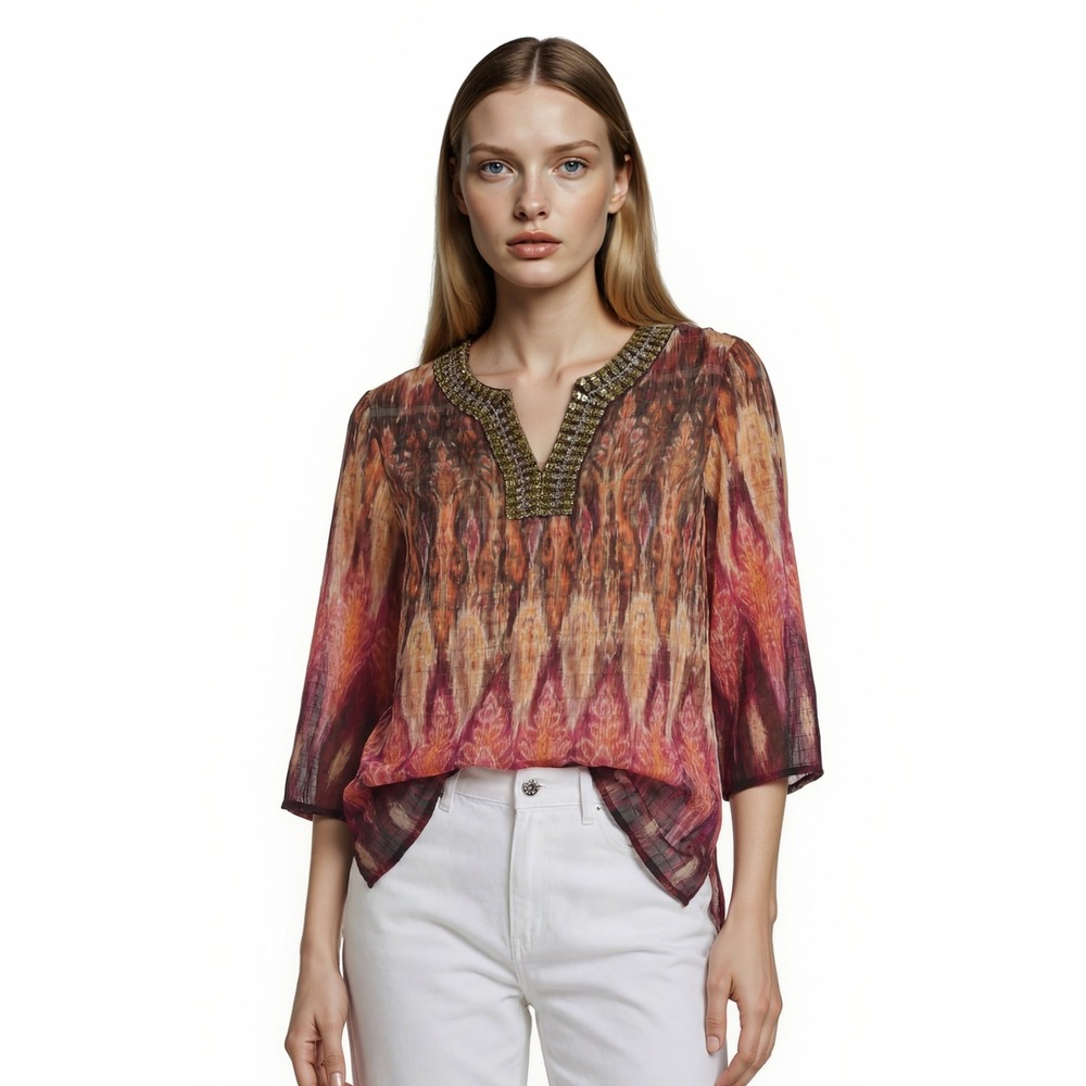 Chicos Tunic Top Blouse Women's‎ Size 2 US Large Orange Purple Ikat Beaded Boho